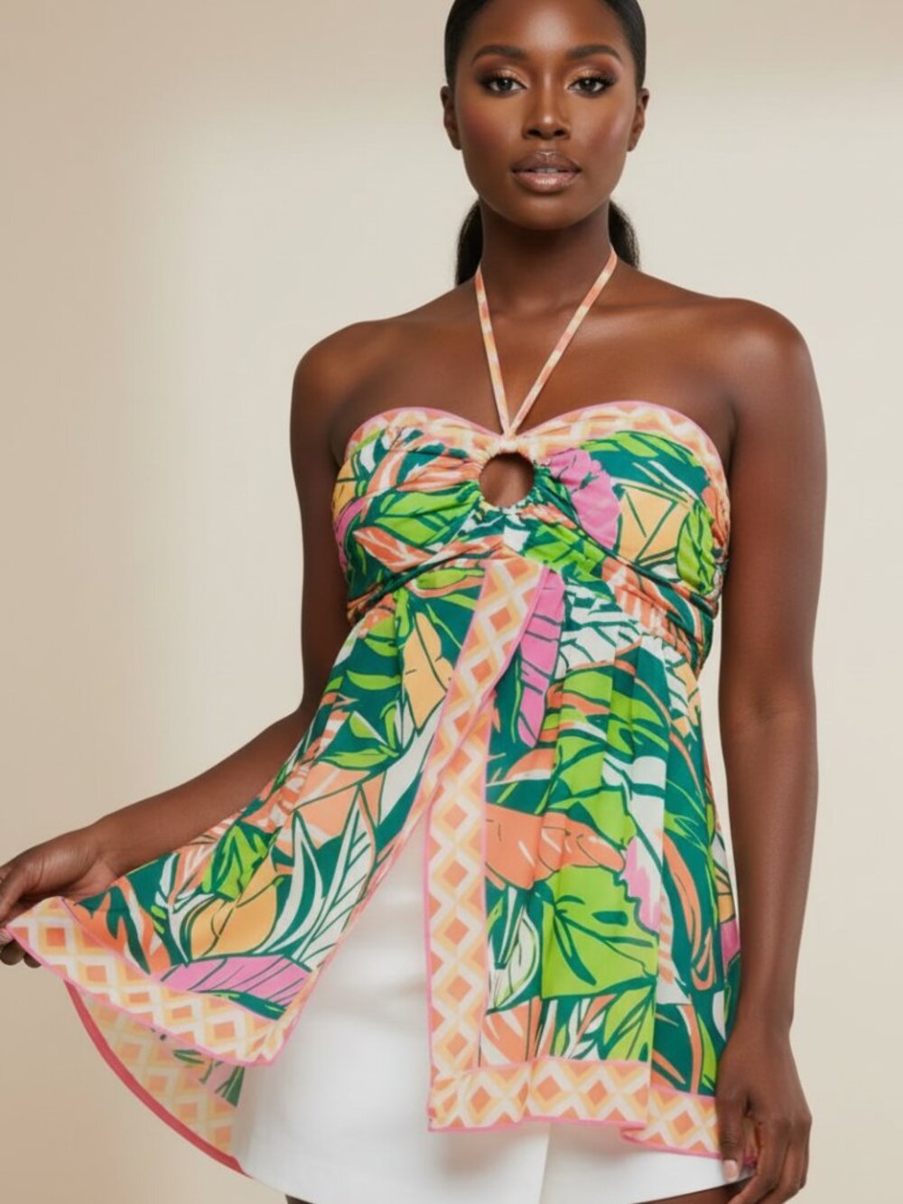 NWT Flying Tomato Tropical Halter Top Smocked Back O-Ring Front